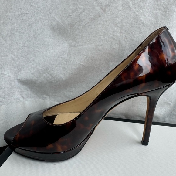 Jimmy Choo Tortoiseshell Patent Leather Peep Toe Heels - Picture 6 of 8